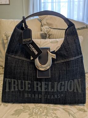True Religion Dark Blue Denim Hobo Bag with Signature Silver Logo Accent NWT